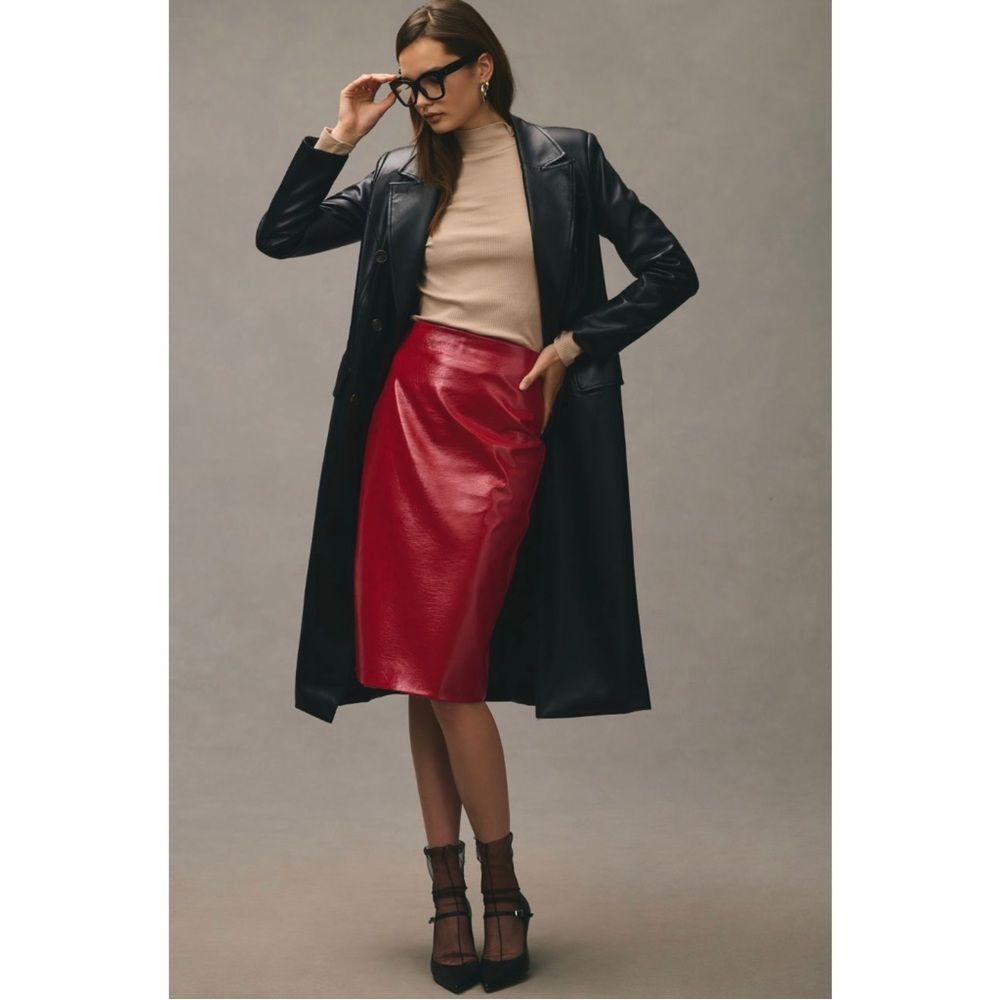 Anthropologiesunday In Brooklyn Faux Red Leather Midi Skirt Medium